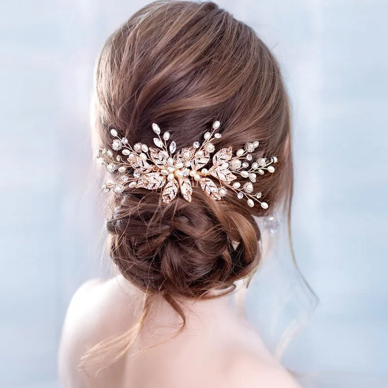 Classic Leaf Pearl Rose Gold Wedding Hair Comb-Bridal Headpiece