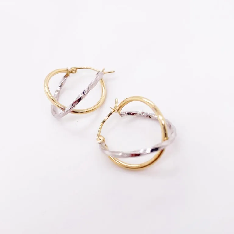 Criss Cross Hoop Earrings, 10K Yellow-White Gold Hoopa Two Tone Twist Earrings