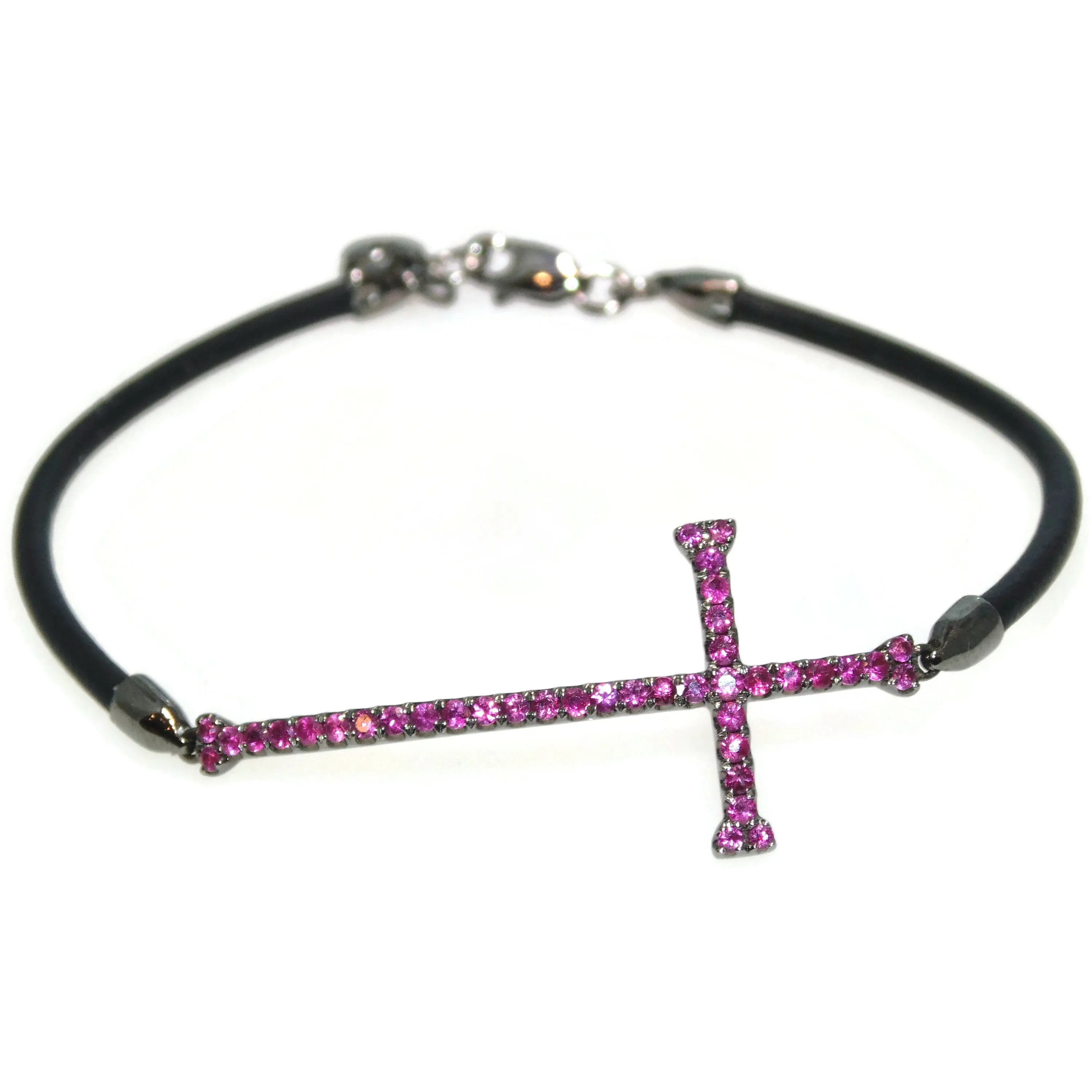 Custom-Made 18k Oxidized Gold Cross Ruby Silicone Bracelet