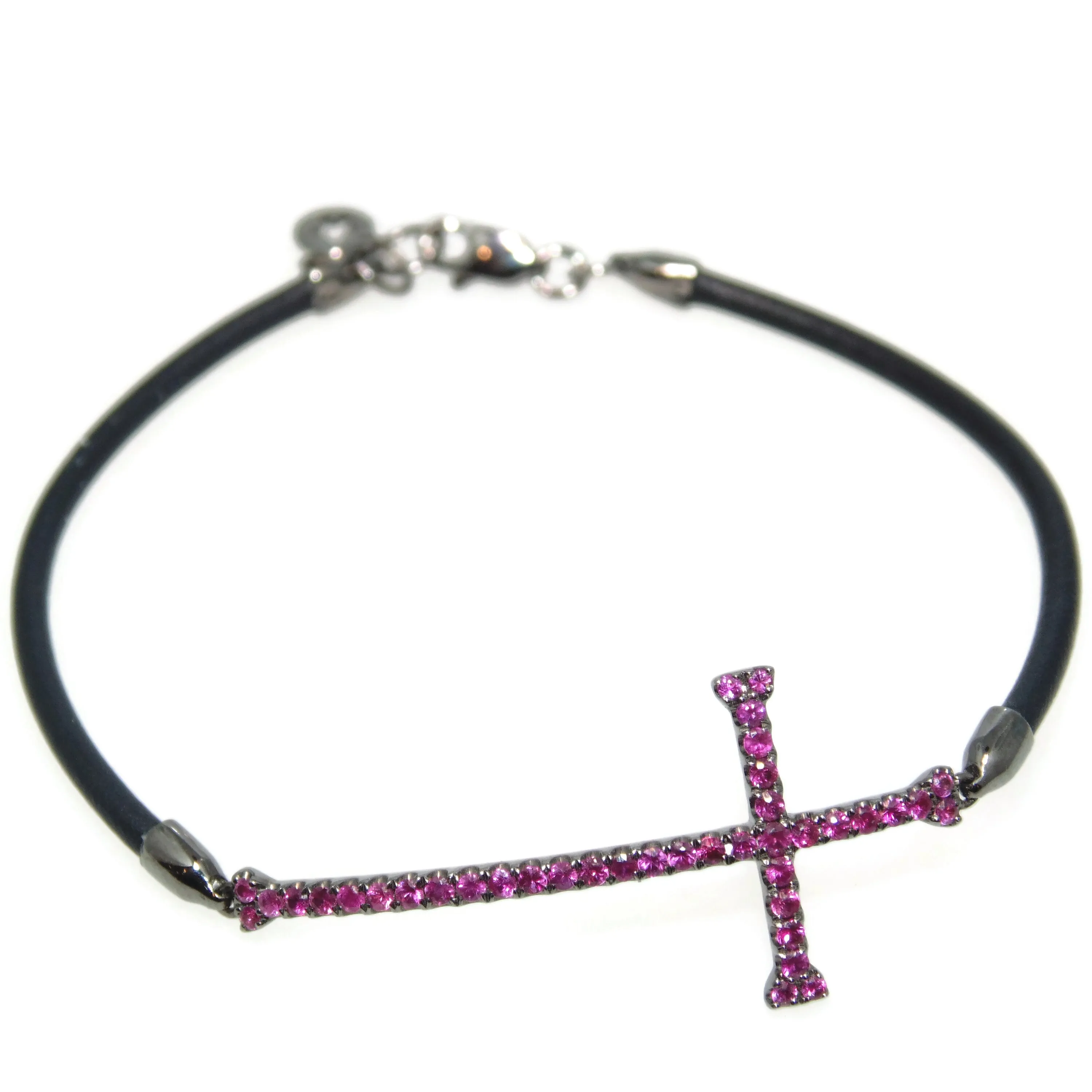 Custom-Made 18k Oxidized Gold Cross Ruby Silicone Bracelet