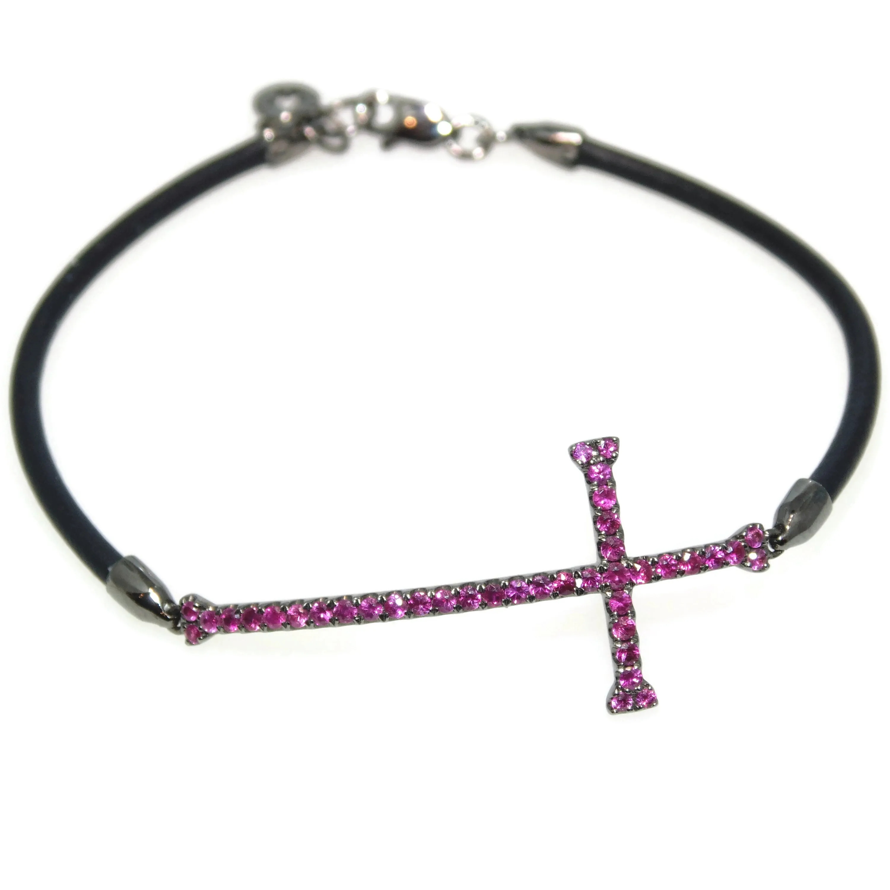 Custom-Made 18k Oxidized Gold Cross Ruby Silicone Bracelet