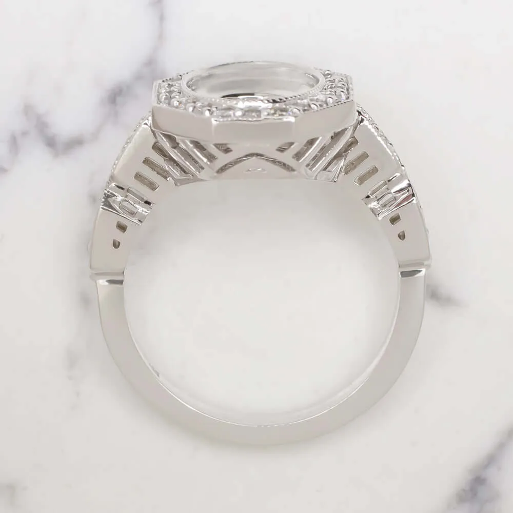 DIAMOND HALO RING SETTING ART DECO STYLE SEMI MOUNT VINTAGE OVAL 14k WHITE GOLD