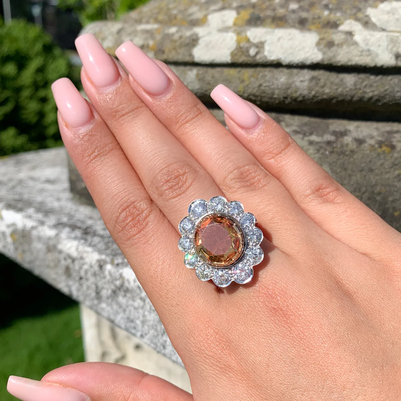 Edwardian Style Orange Topaz Diamond Cocktail Ring 6.5ct Topaz