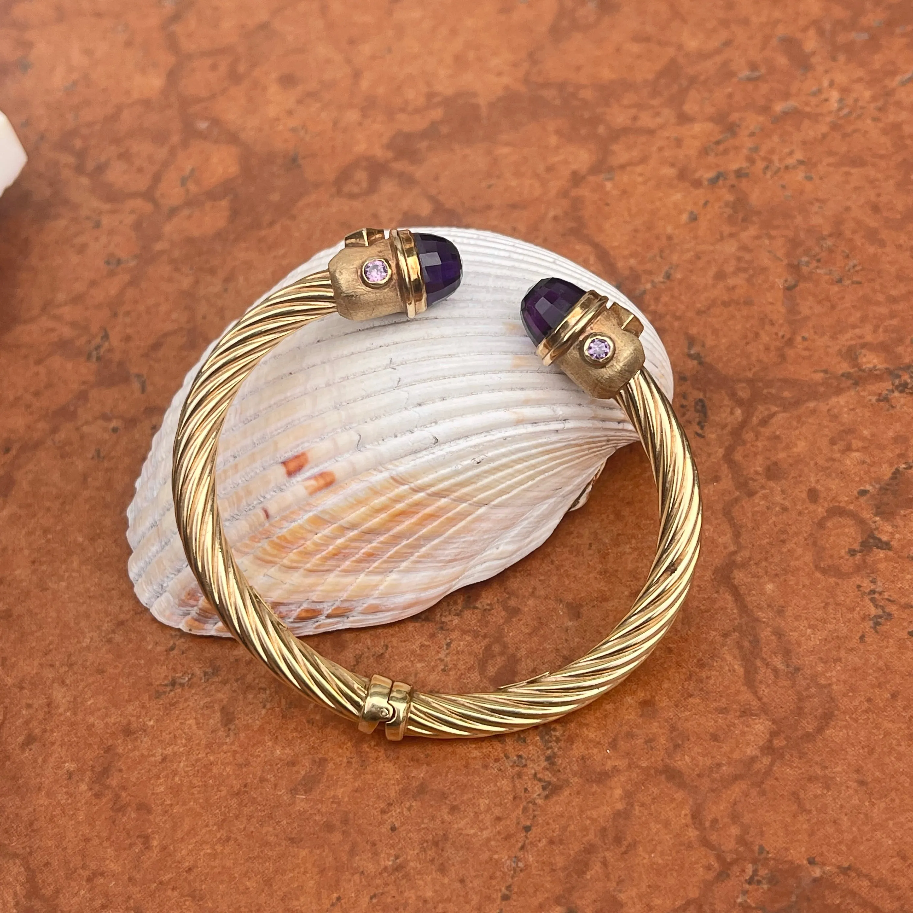 Estate 14KT Yellow Gold Cable Twist Amethyst End Cap Bangle Cuff Bracelet