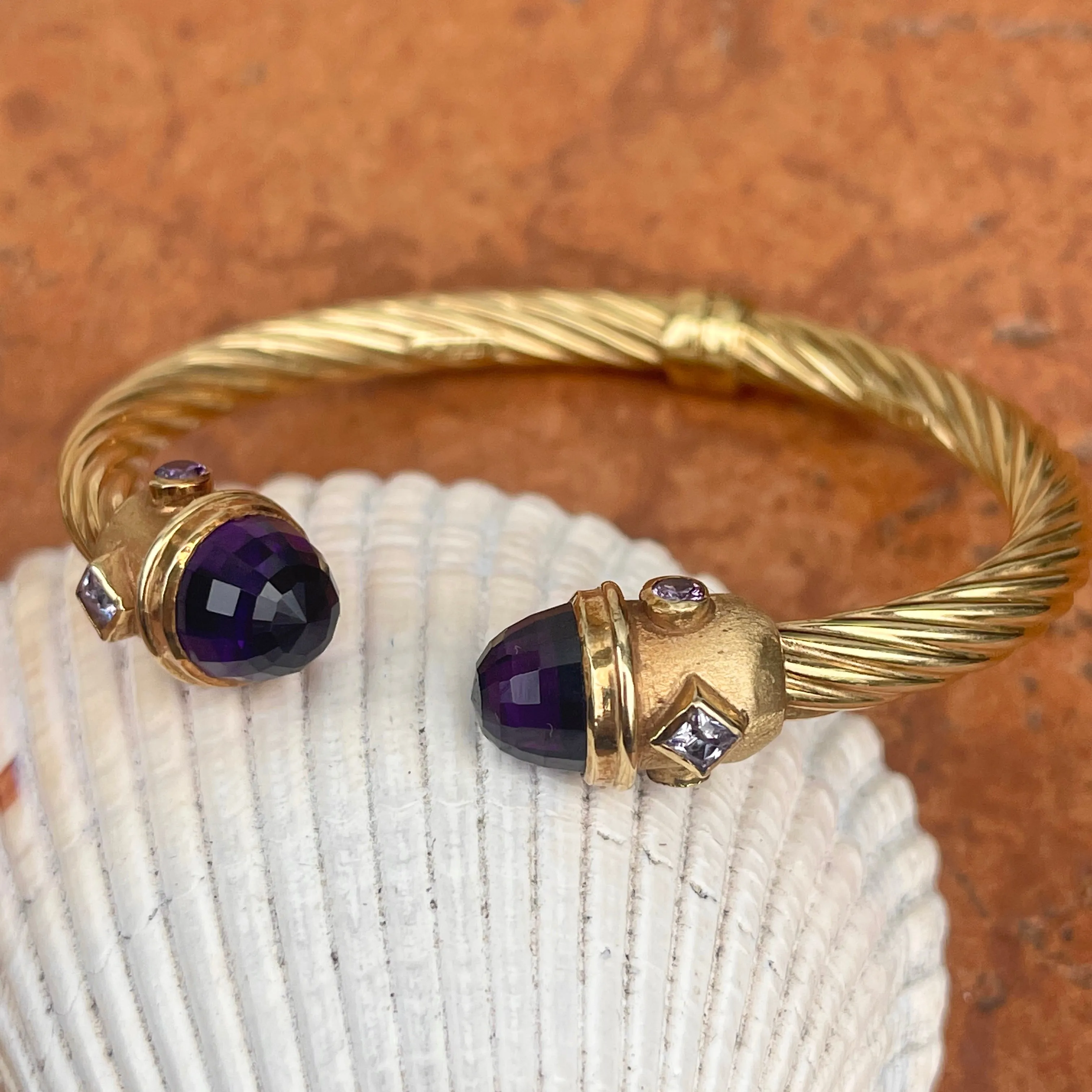 Estate 14KT Yellow Gold Cable Twist Amethyst End Cap Bangle Cuff Bracelet