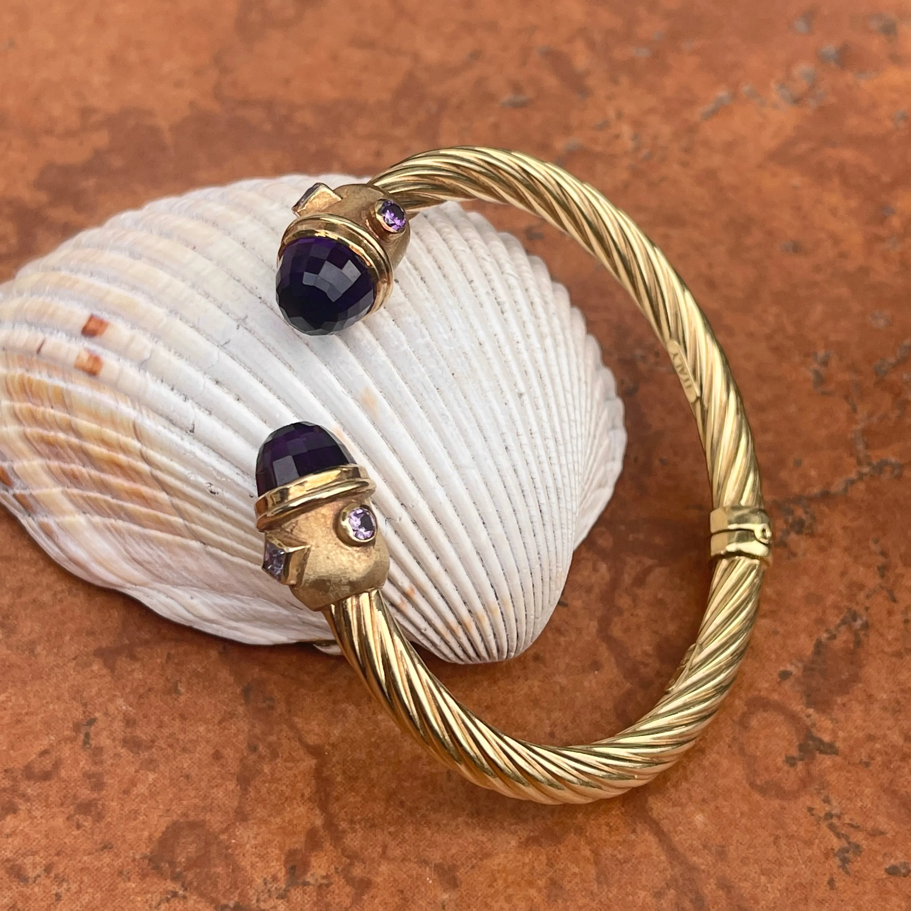 Estate 14KT Yellow Gold Cable Twist Amethyst End Cap Bangle Cuff Bracelet