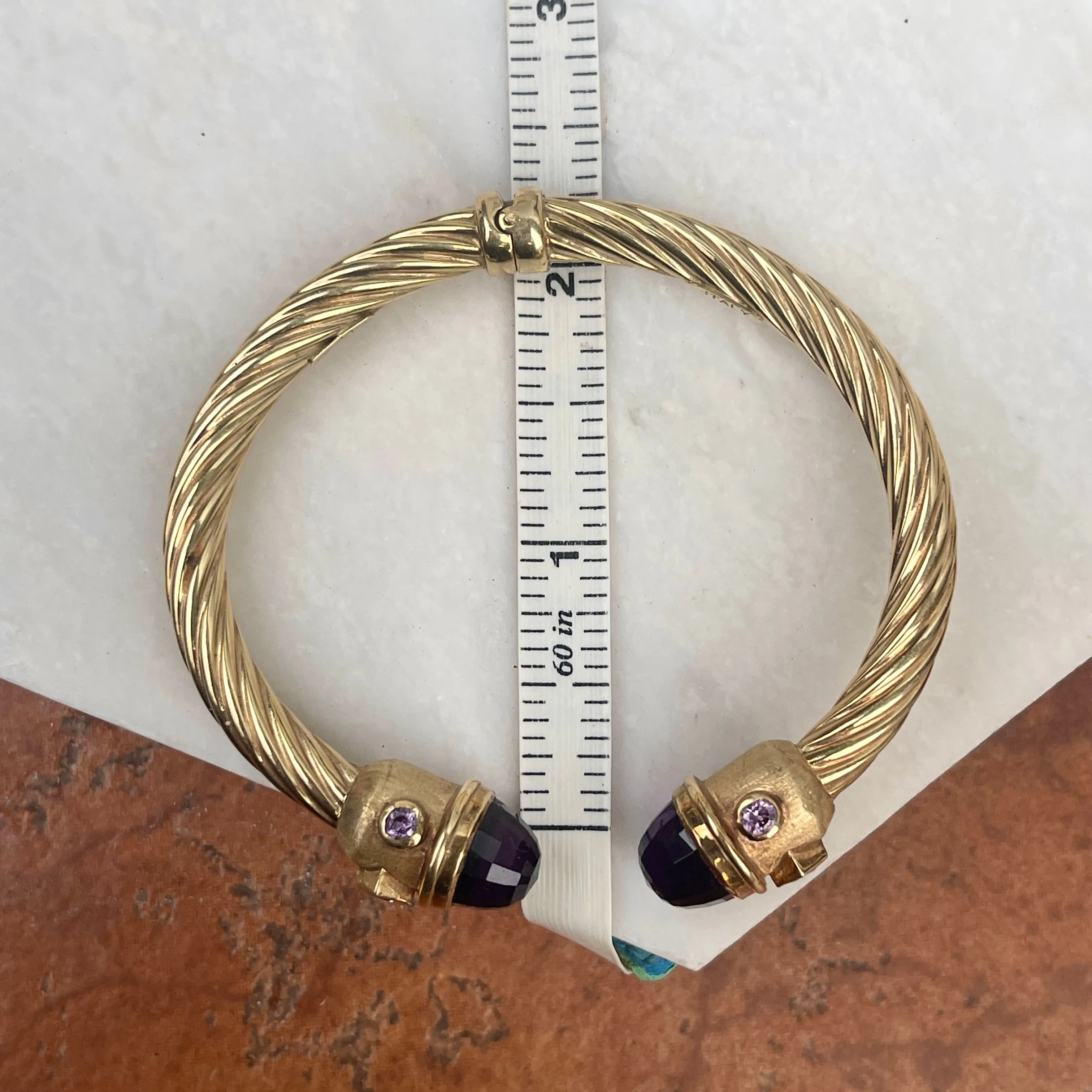 Estate 14KT Yellow Gold Cable Twist Amethyst End Cap Bangle Cuff Bracelet