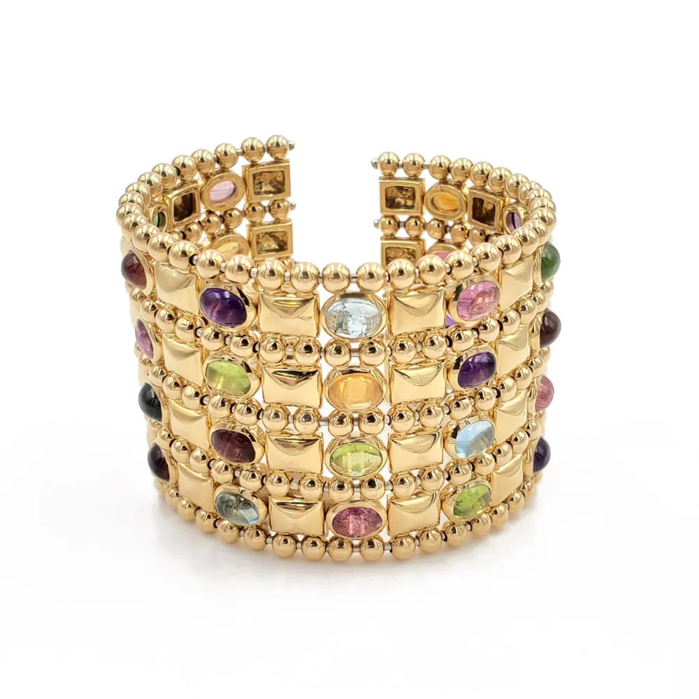 Estate 18K Yellow Gold Multi-gemstone Cuff Bracelet, 133.81g