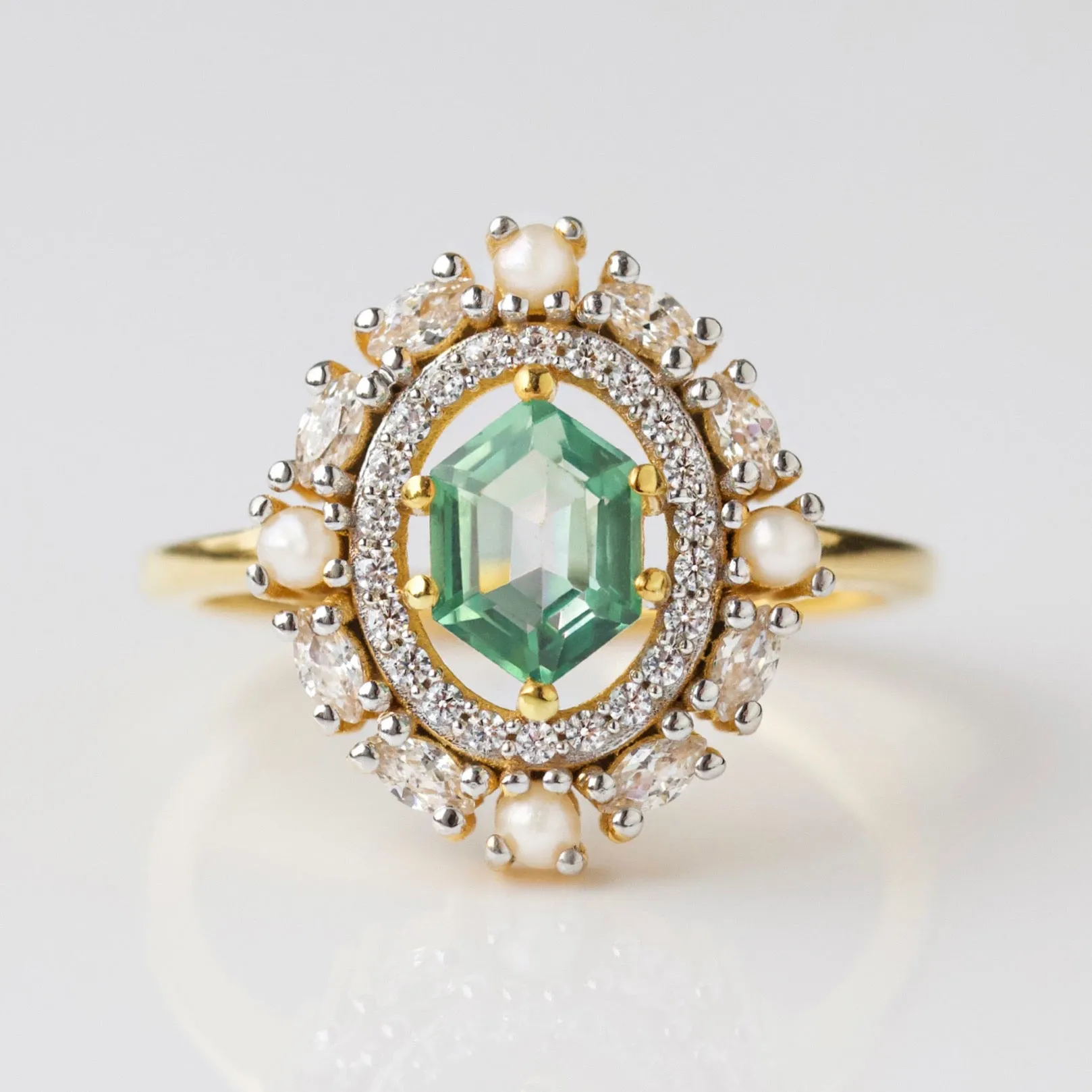 Fern Green Topaz Statement Ring with Pearl Halo