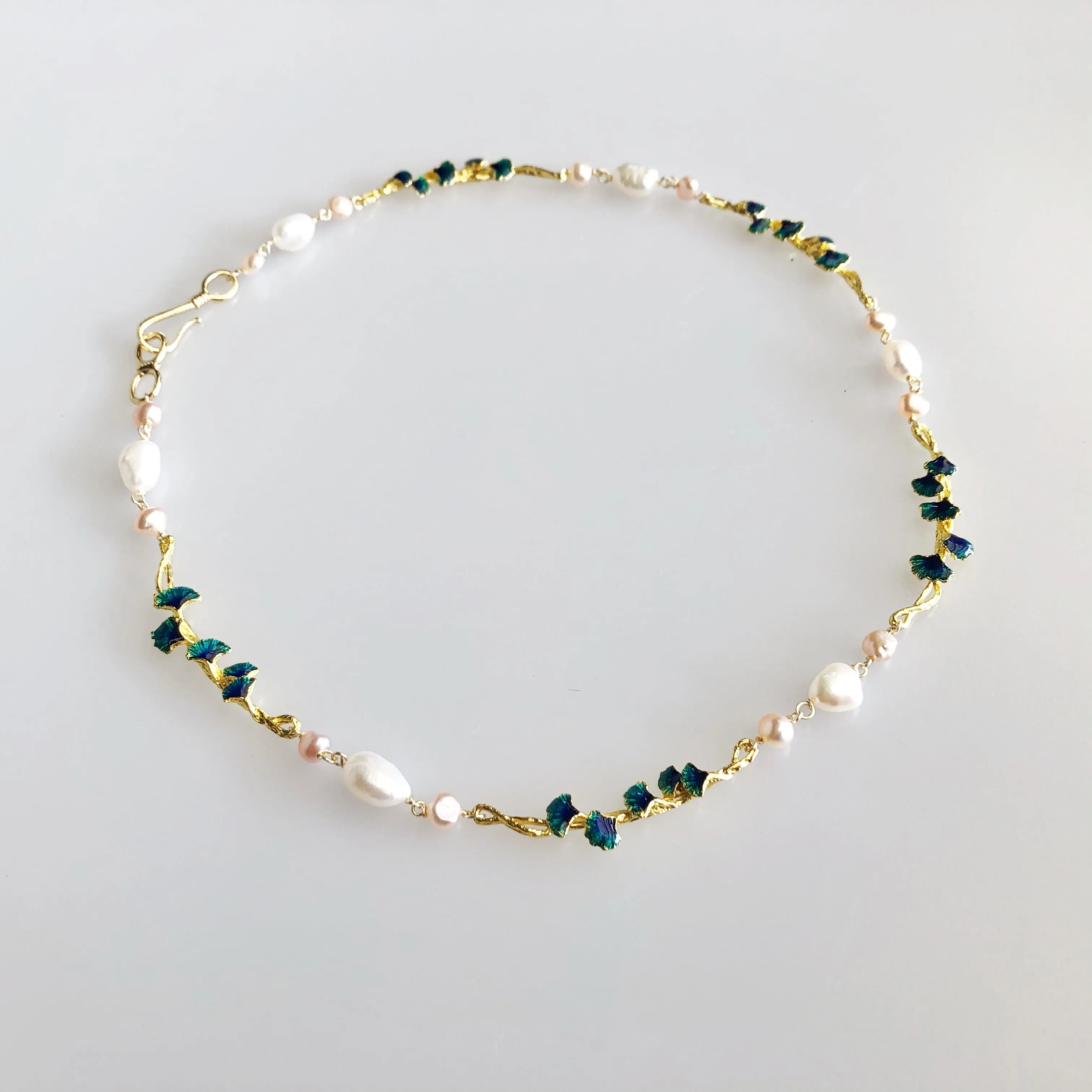 Gold Enamel Vine Pearl Necklace