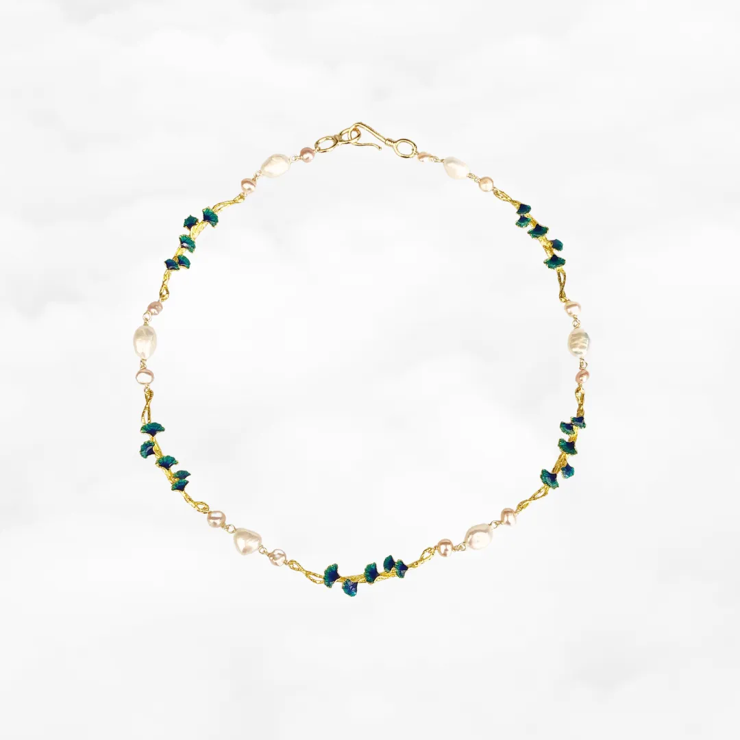 Gold Enamel Vine Pearl Necklace