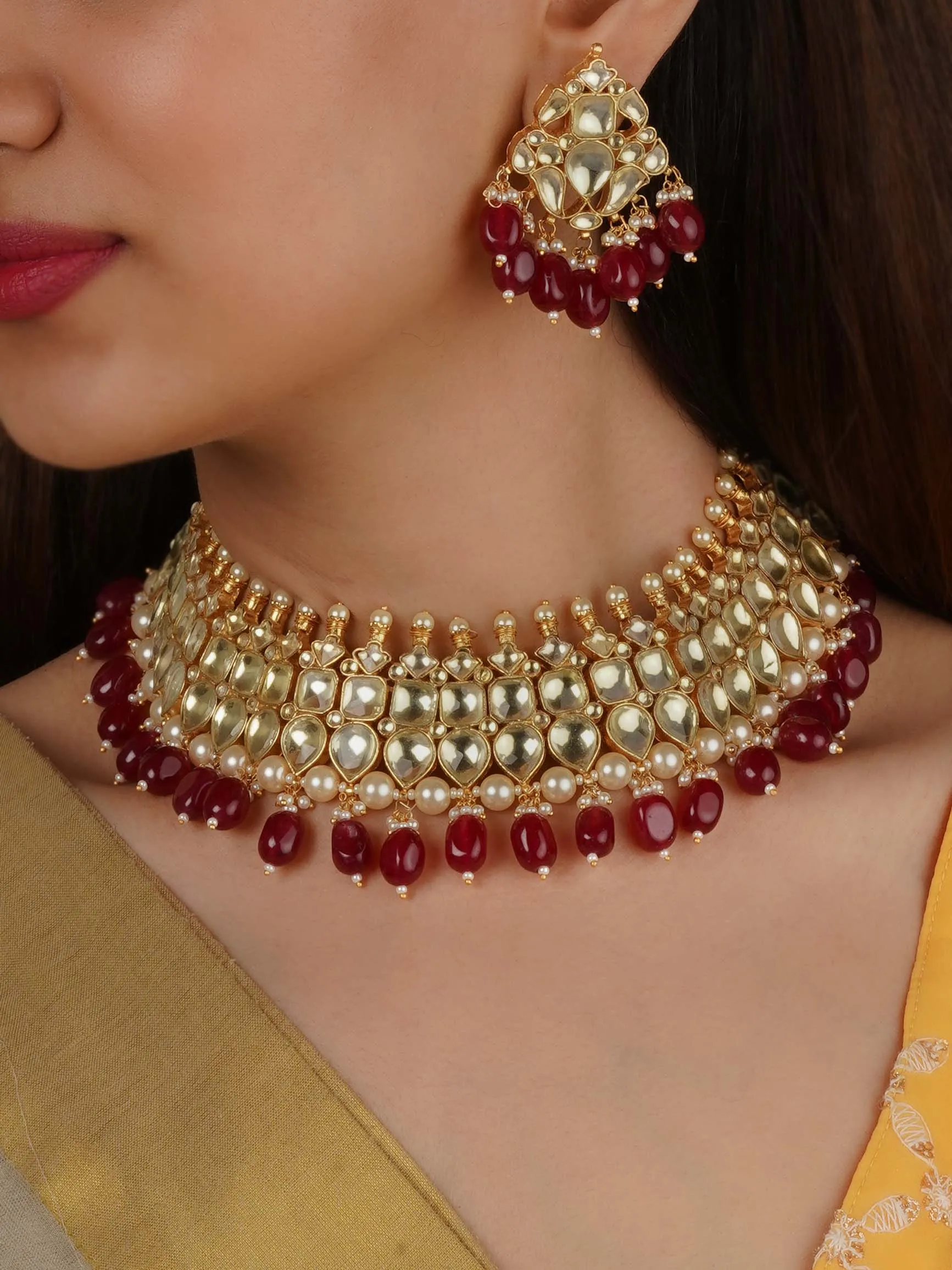 Gold Plated Jadau Kundan Necklace Set - MS2240