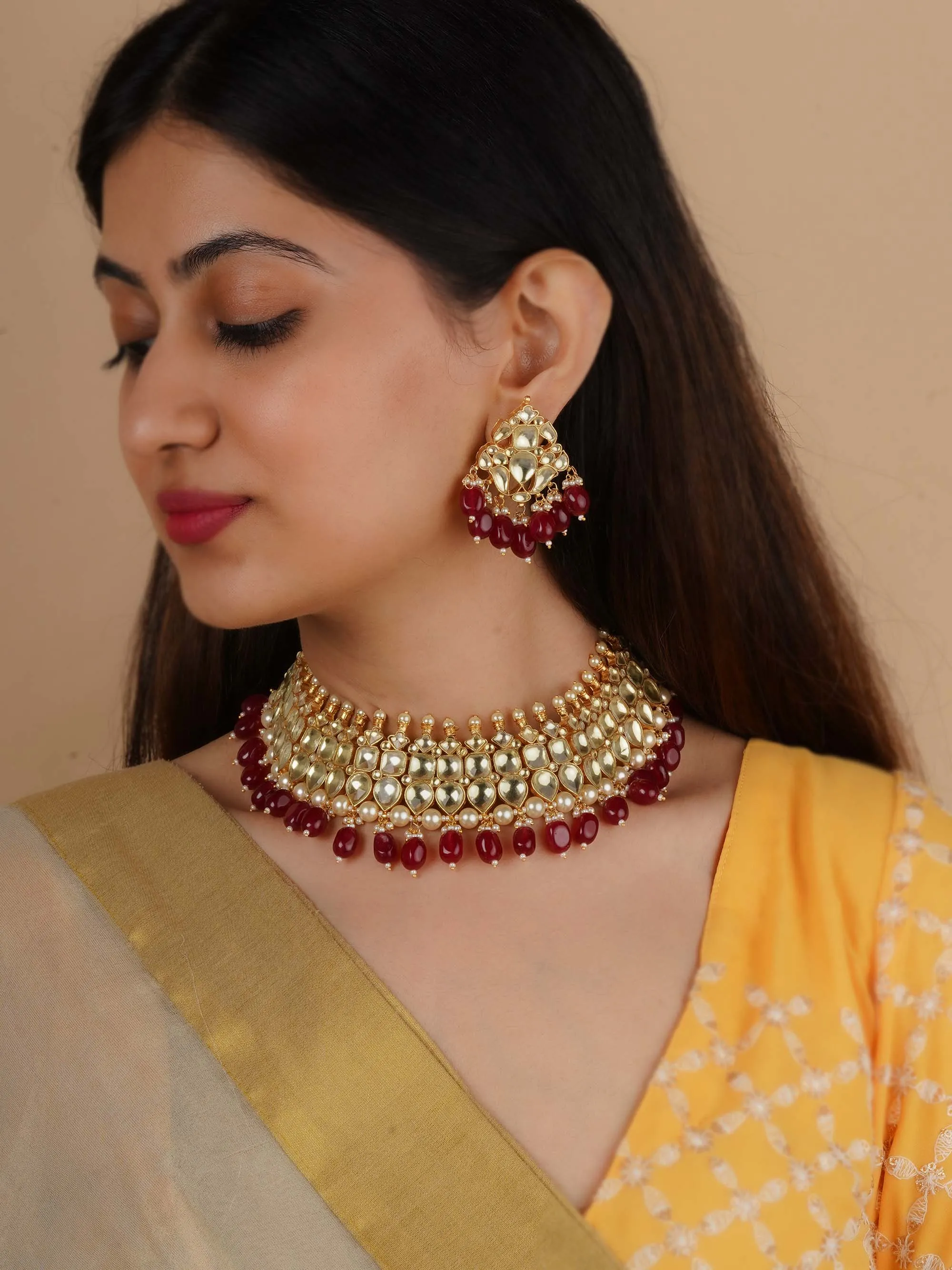 Gold Plated Jadau Kundan Necklace Set - MS2240