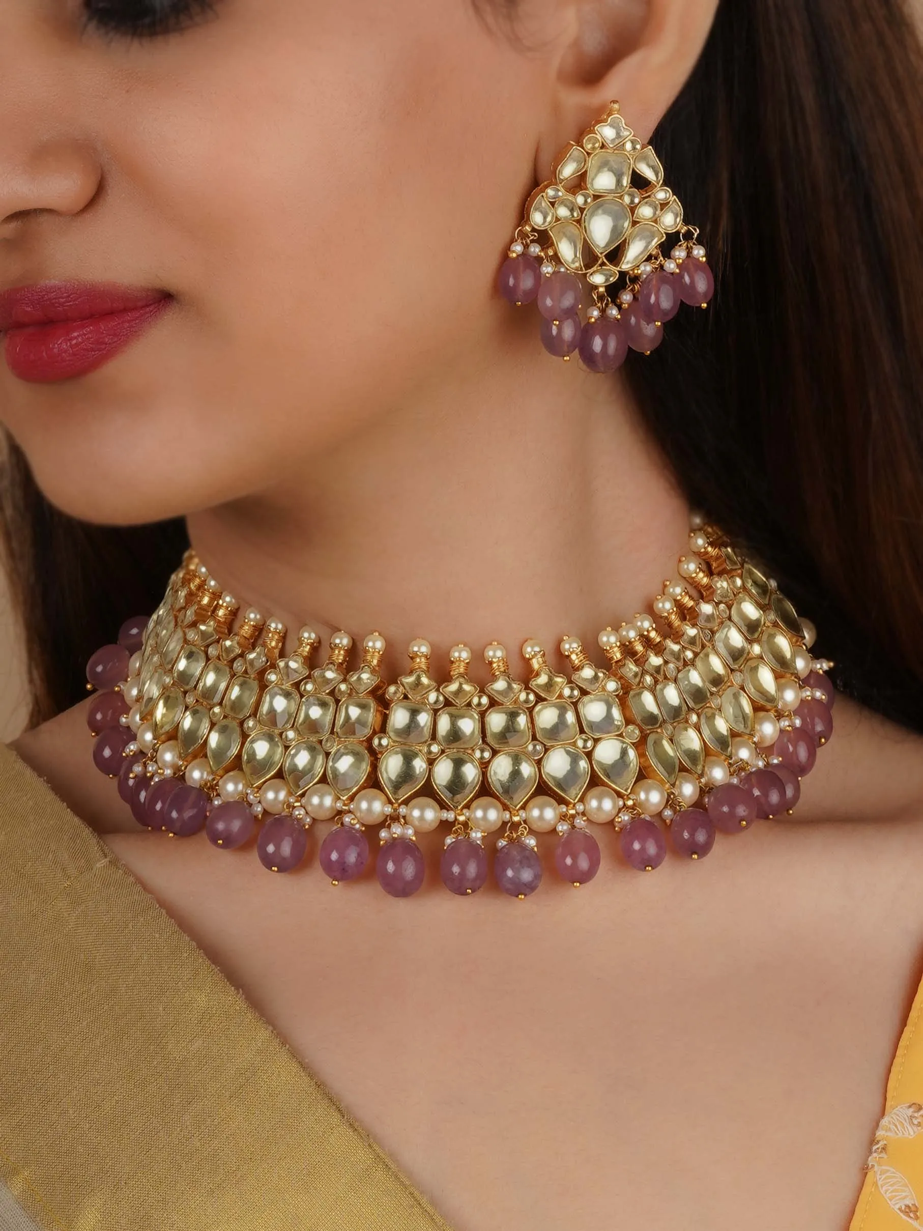 Gold Plated Jadau Kundan Necklace Set - MS2240