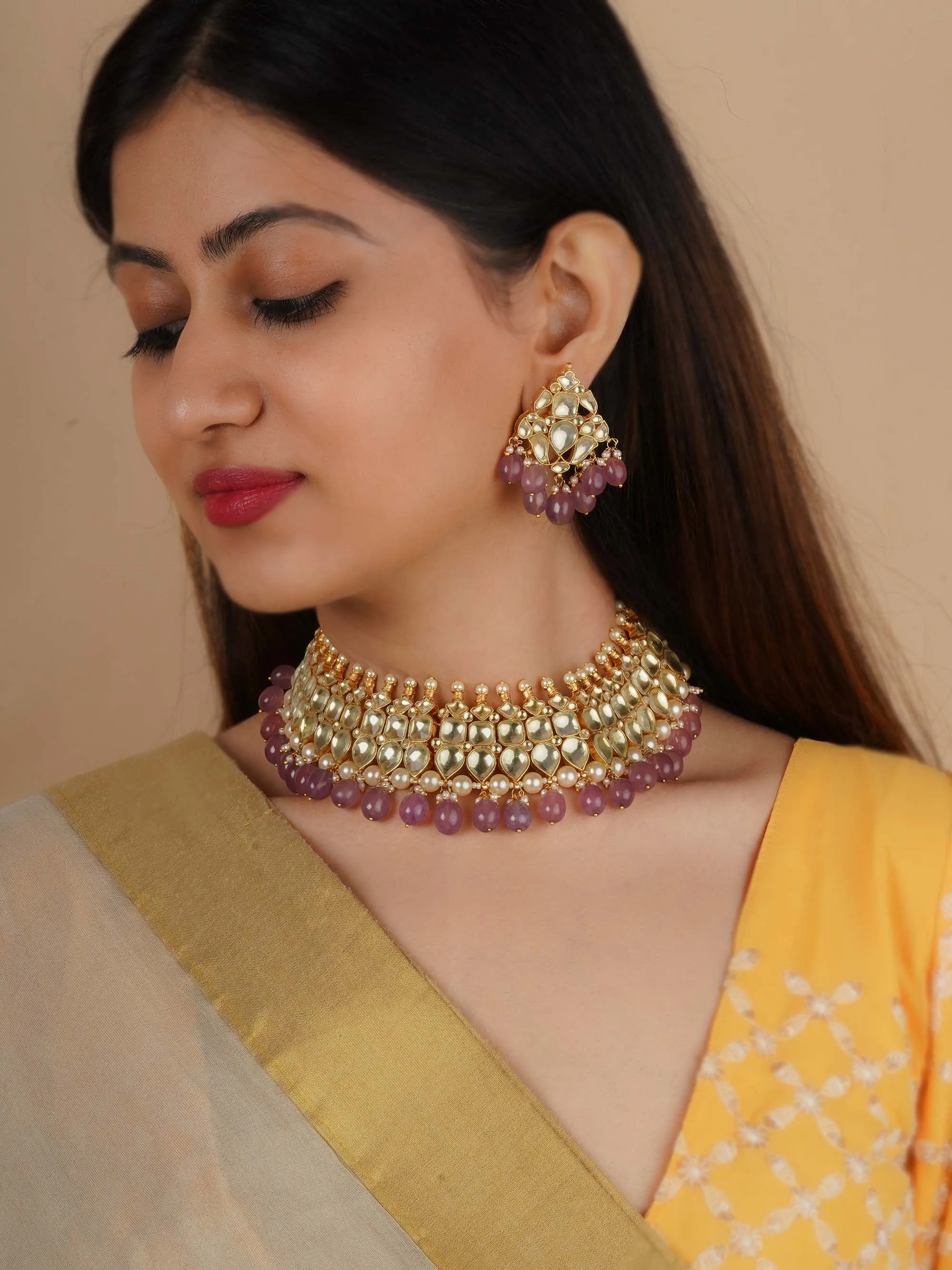 Gold Plated Jadau Kundan Necklace Set - MS2240