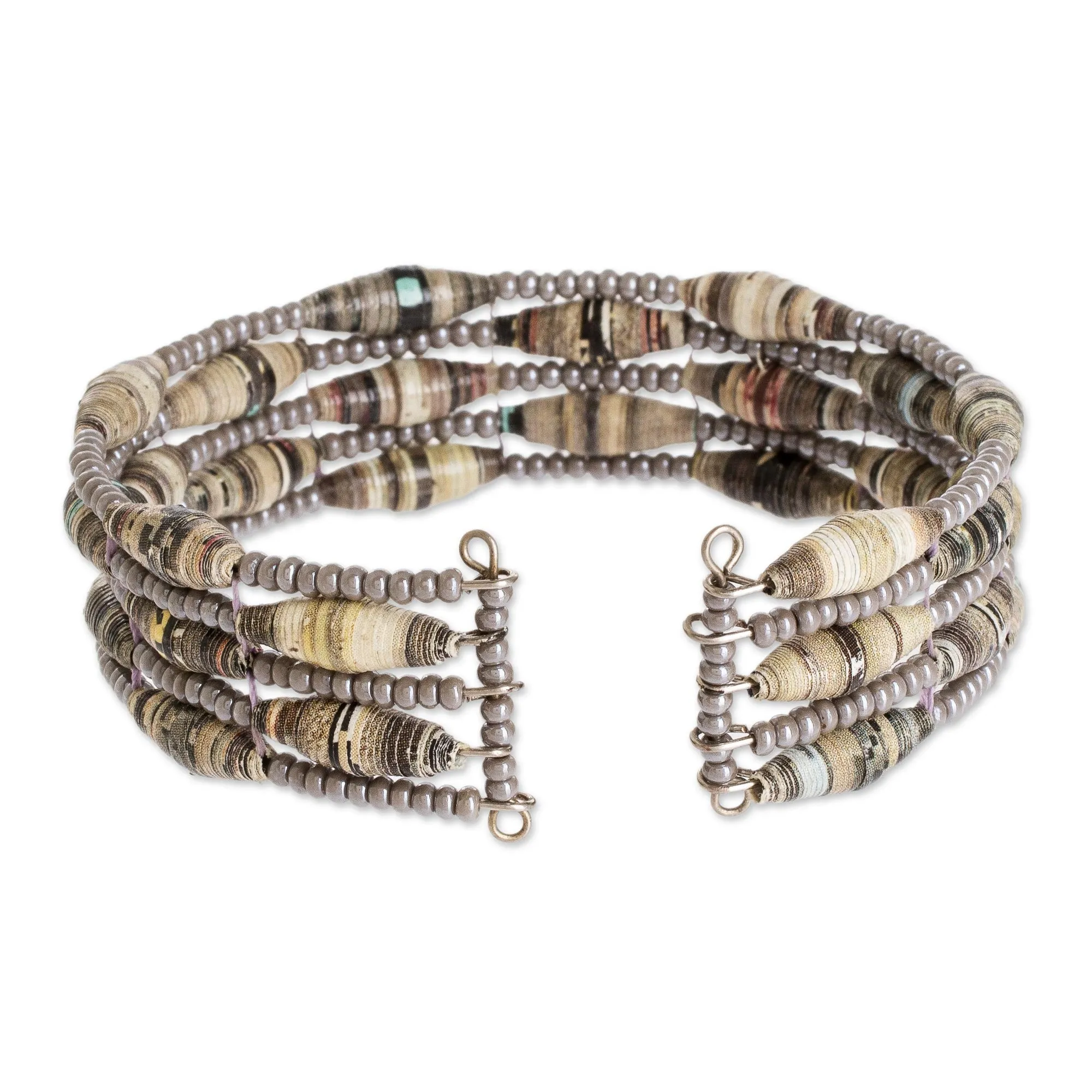 Handmade Beaded Cuff Bracelet - Nature of Life in Grey | NOVICA