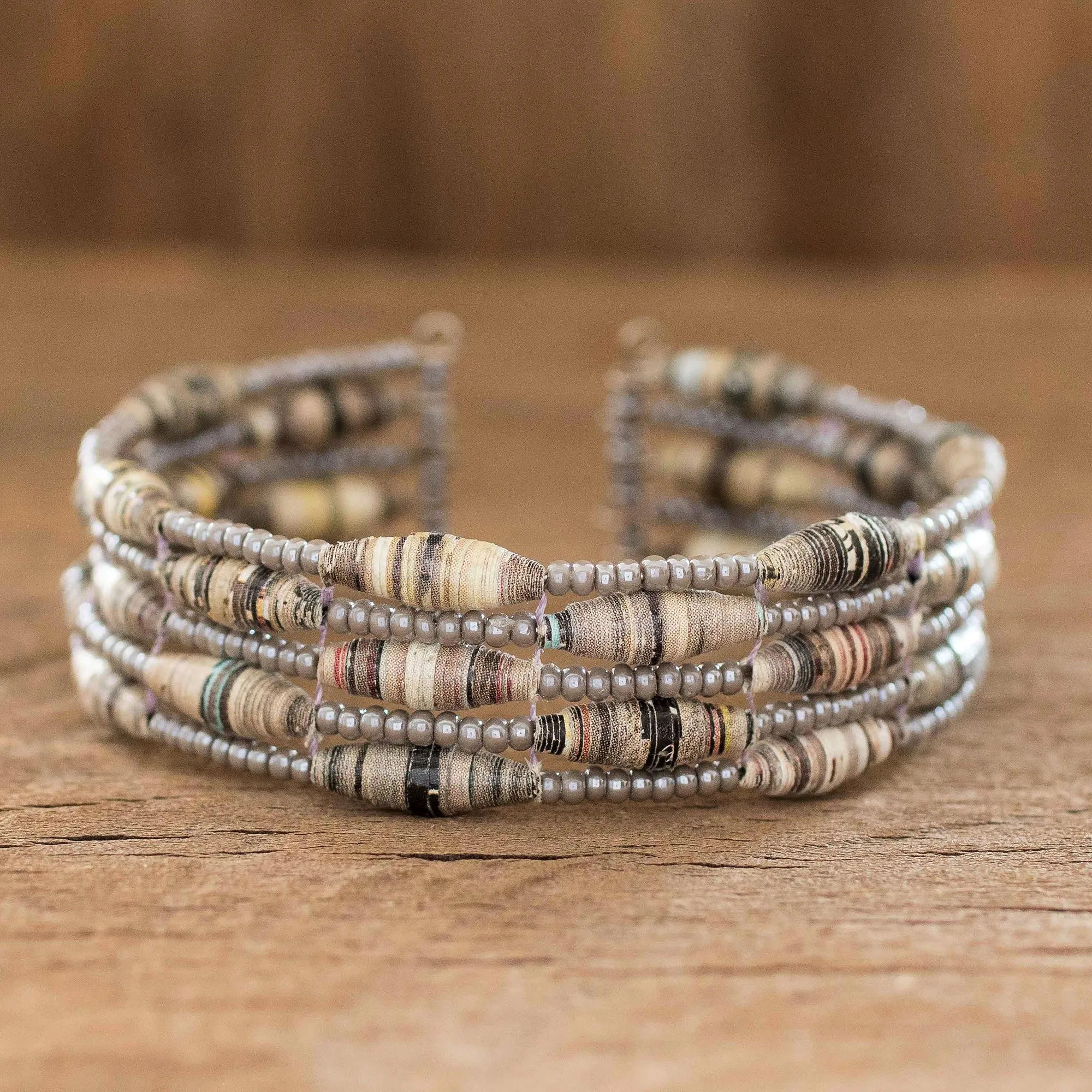 Handmade Beaded Cuff Bracelet - Nature of Life in Grey | NOVICA