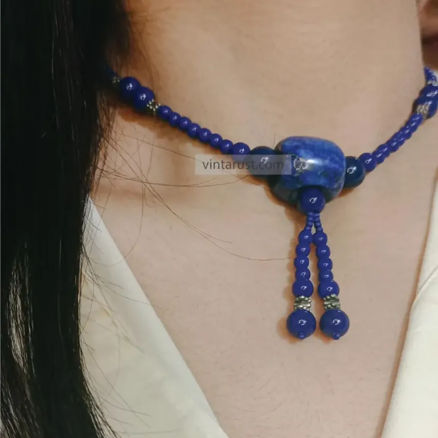 Handmade Lapis Blue Beaded Necklace with Tassel