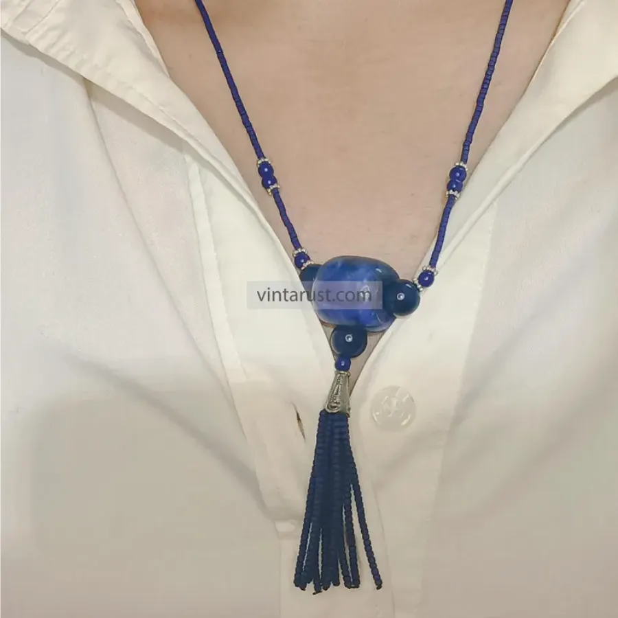 Handmade Lapis Blue Beaded Necklace with Tassel