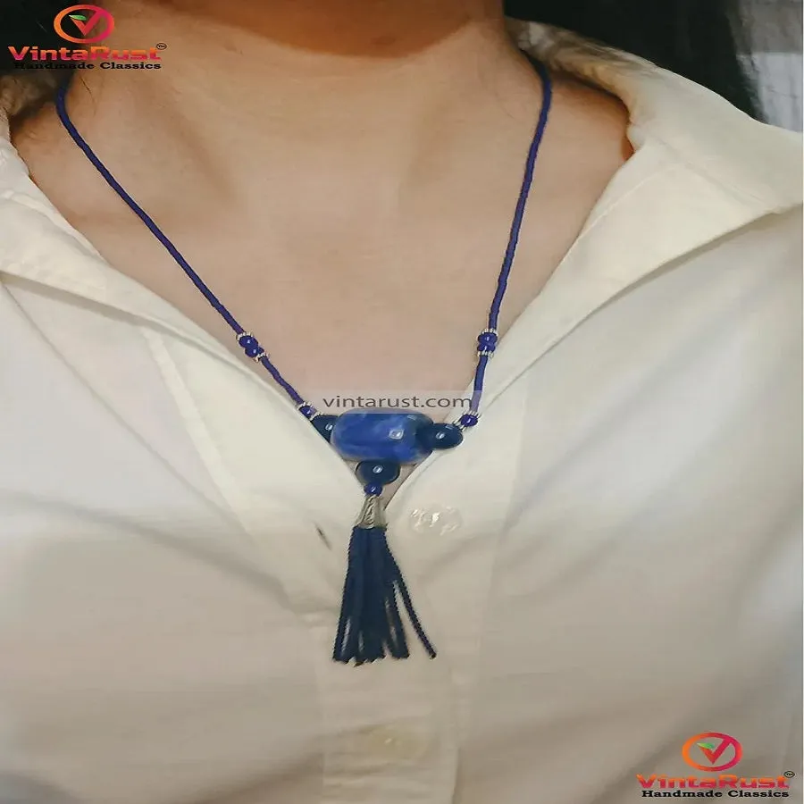 Handmade Lapis Blue Beaded Necklace with Tassel