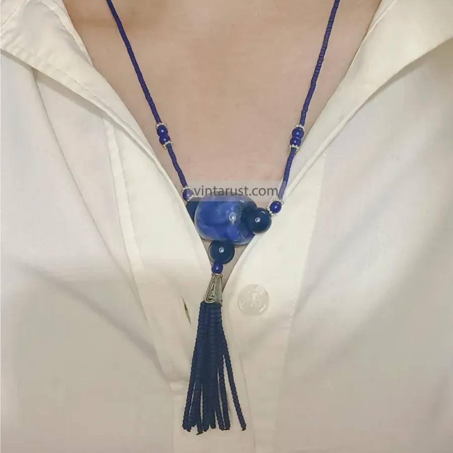 Handmade Lapis Blue Beaded Necklace with Tassel