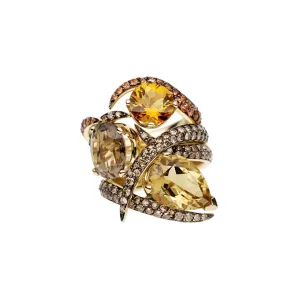 Interlocking Aurora Ring Set - 18ct Yellow Gold & Orange Citrine, Champagne & Smokey Quartz