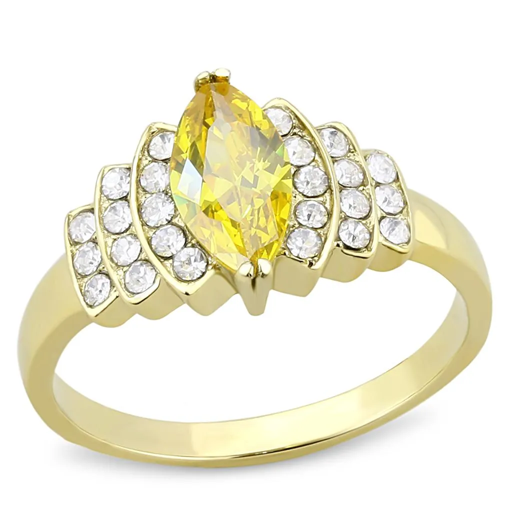 IP Gold(Ion Plating) Stainless Steel Ring with AAA Grade CZ in Topaz for Women Style TK3239