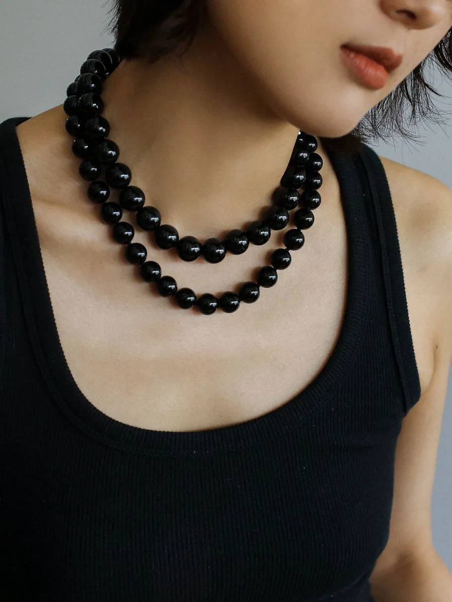 Knotted 12mm Black Agate Beaded Necklace