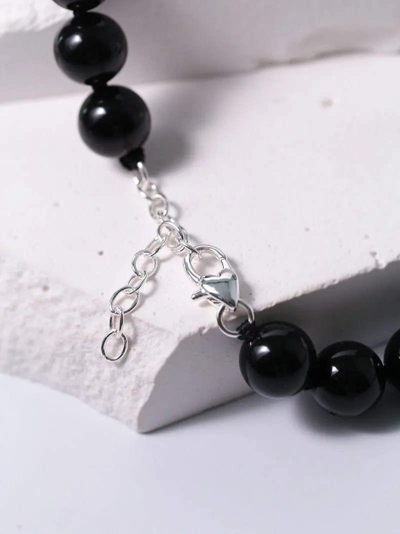 Knotted 12mm Black Agate Beaded Necklace