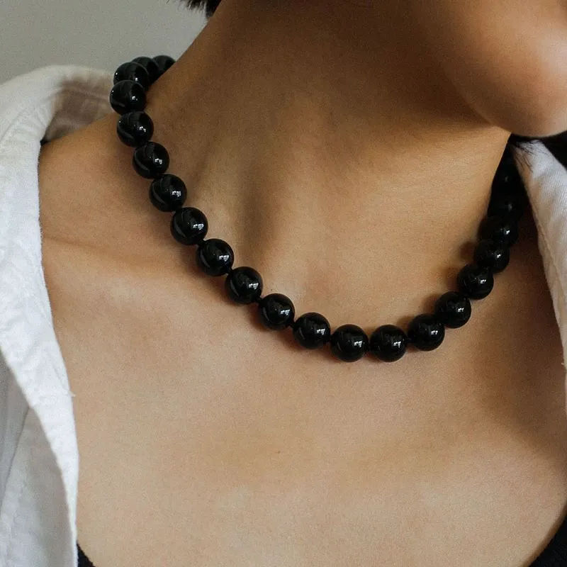 Knotted 12mm Black Agate Beaded Necklace