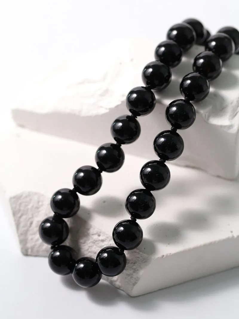 Knotted 12mm Black Agate Beaded Necklace