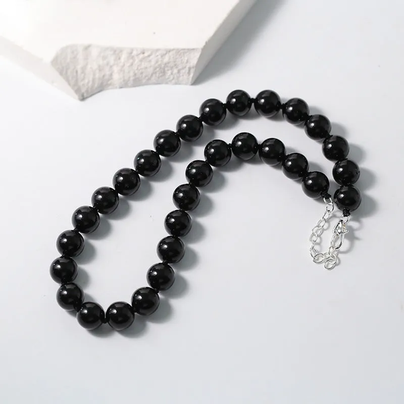 Knotted 12mm Black Agate Beaded Necklace