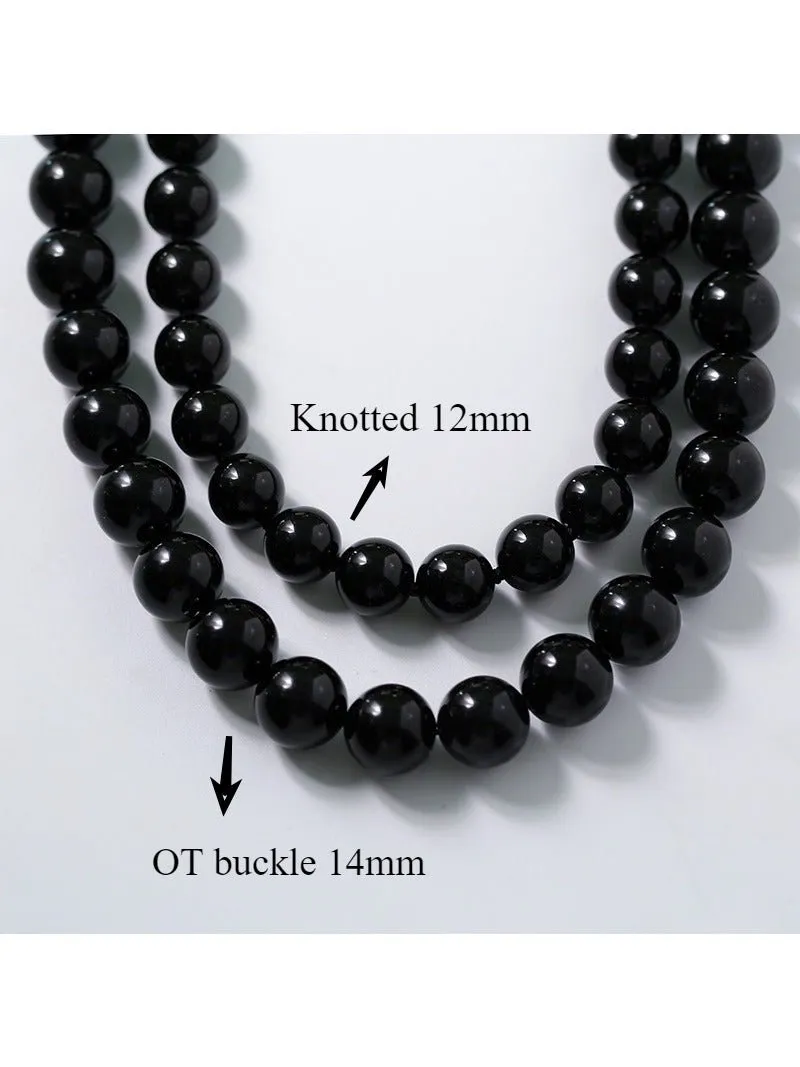 Knotted 12mm Black Agate Beaded Necklace