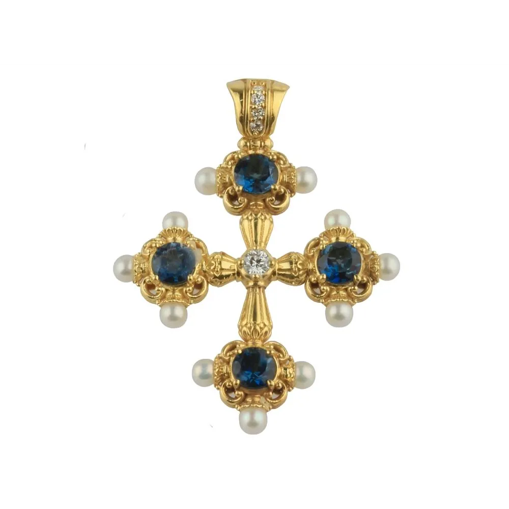 Konstantino Flamenco 18K Yellow Gold London Blue Topaz, Pearl, and Diamond Cross Pendant