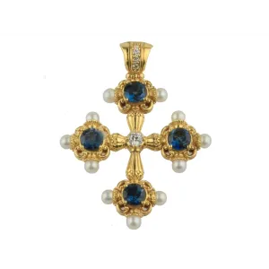 Konstantino Flamenco 18K Yellow Gold London Blue Topaz, Pearl, and Diamond Cross Pendant