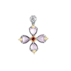 Konstantino Sterling Silver and 18K Yellow Gold Pink Corundum and Mother of Pearl Doublet with Rhodolite Cross Pendant