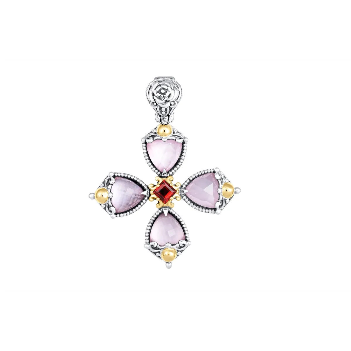 Konstantino Sterling Silver and 18K Yellow Gold Pink Corundum and Mother of Pearl Doublet with Rhodolite Cross Pendant