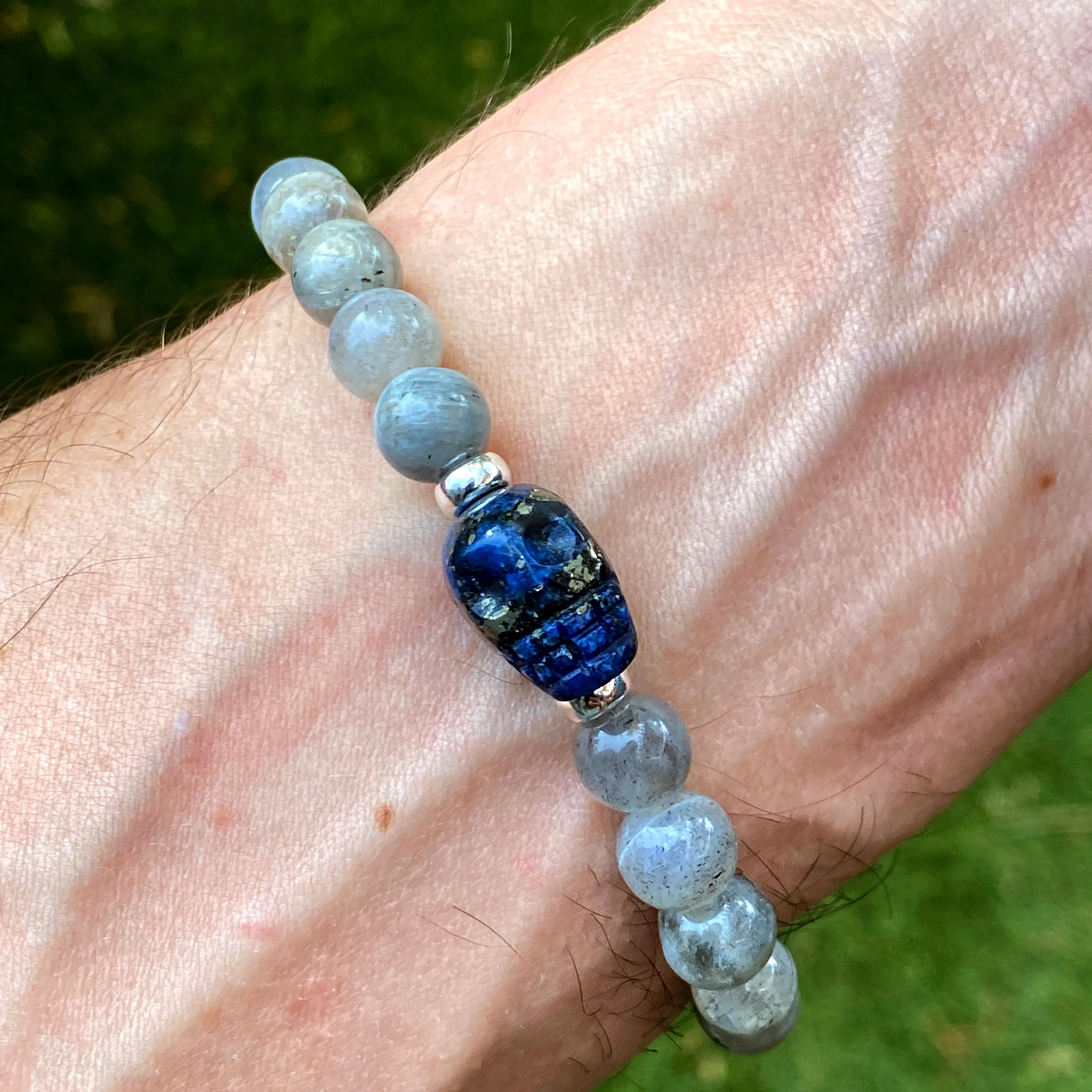 Lapis Lazuli gemstone Skull with Sterling Silver and Labradorite Bracelet