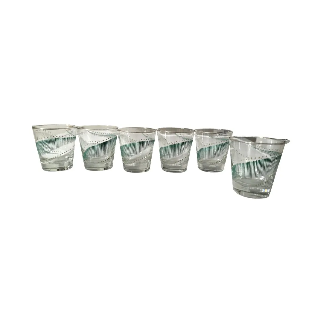 Libbey Mid-Century Green and White Geometric Glasses (Set of 6)