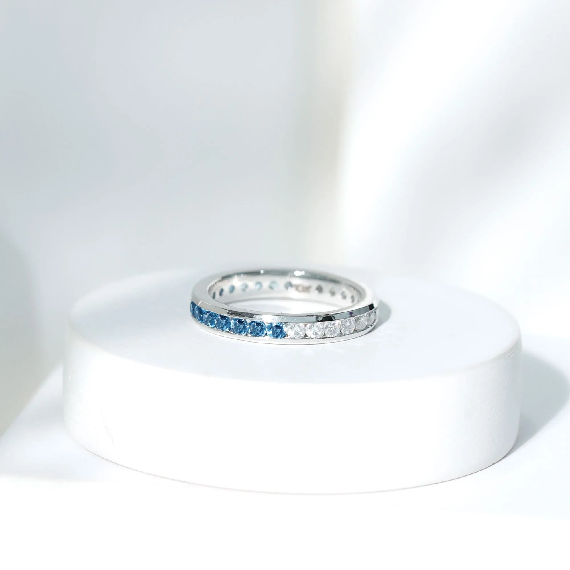 London Blue Topaz and Moissanite Eternity Ring in Channel Setting