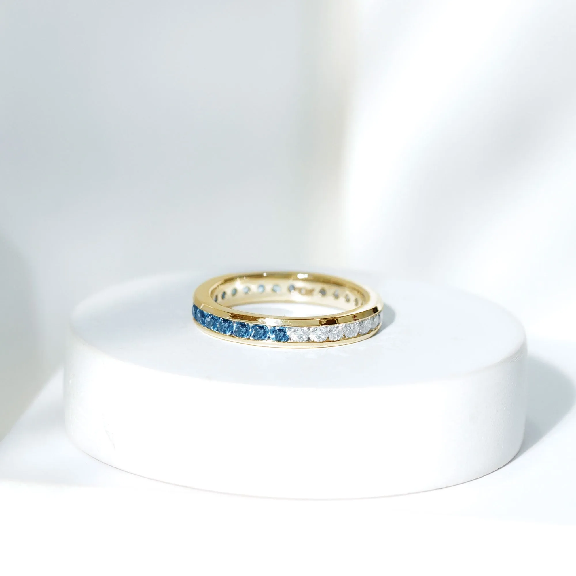 London Blue Topaz and Moissanite Eternity Ring in Channel Setting