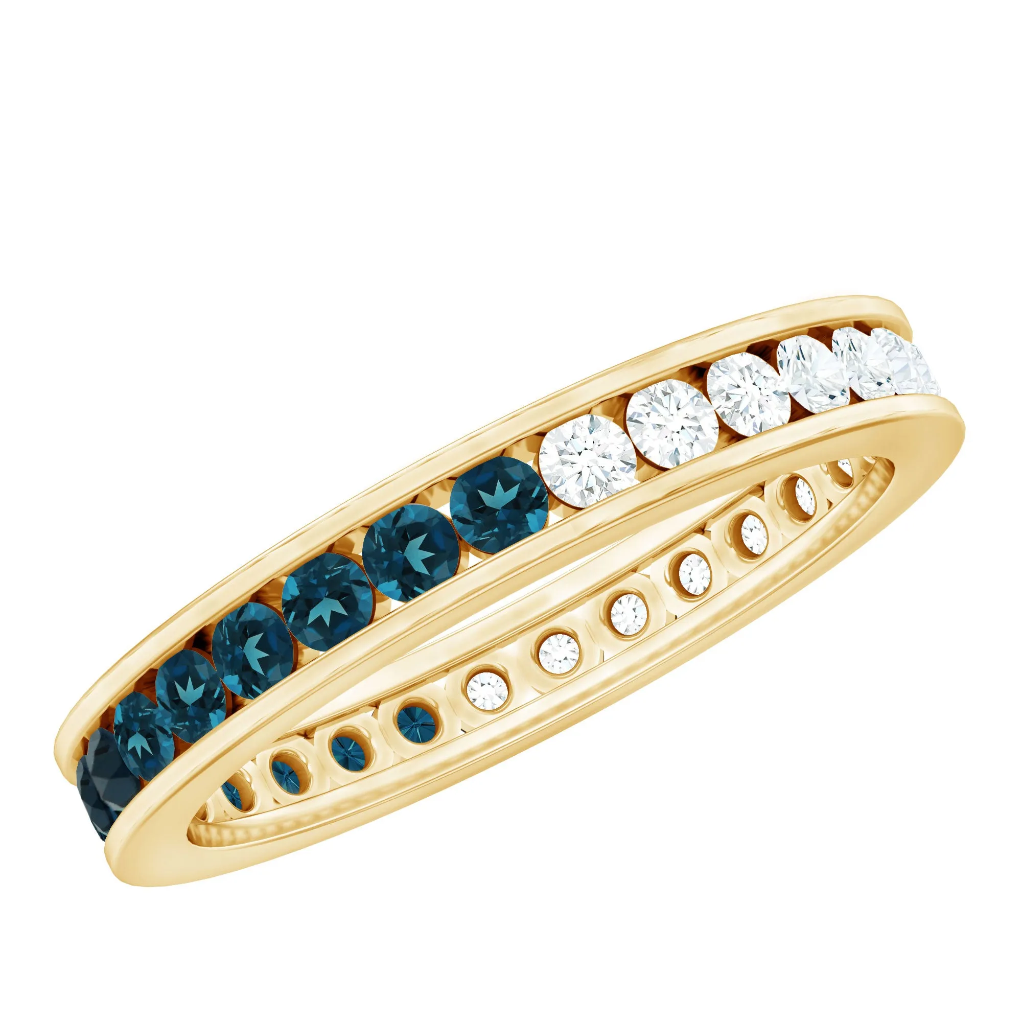 London Blue Topaz and Moissanite Eternity Ring in Channel Setting