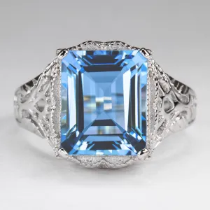 LONDON BLUE TOPAZ STERLING SILVER VINTAGE STYLE RING ART DECO EMERALD SHAPE CUT