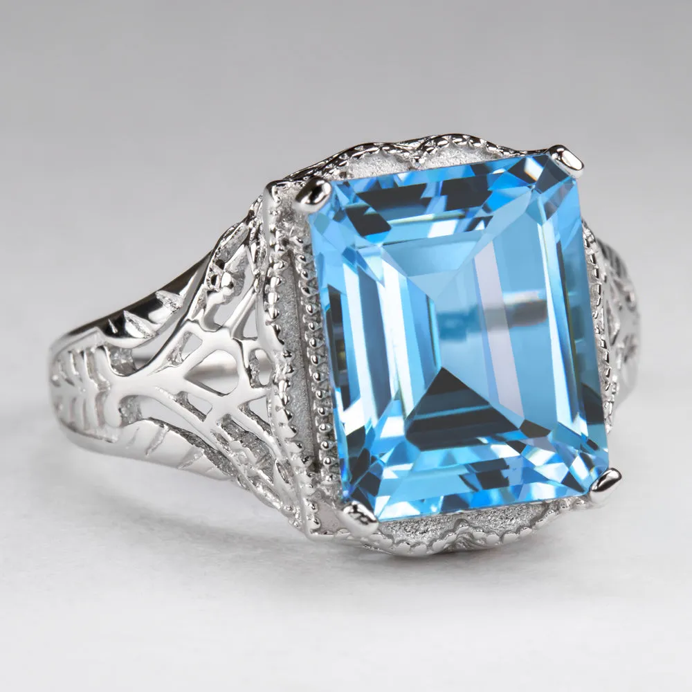 LONDON BLUE TOPAZ STERLING SILVER VINTAGE STYLE RING ART DECO EMERALD SHAPE CUT