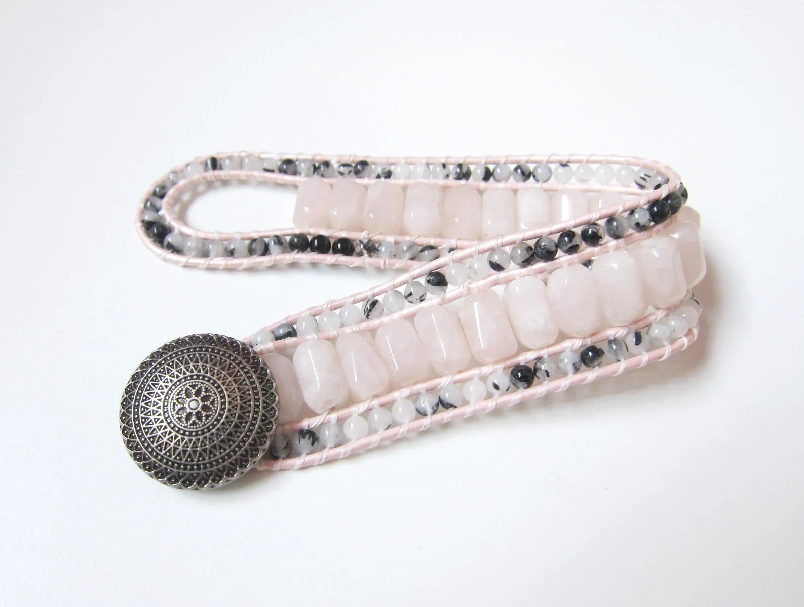 Madagascar Pink Rose Quartz Gemstone Leather Cuff Wrap Bracelet (wrist 6.5 - 7.5 inch) - Limited Edition