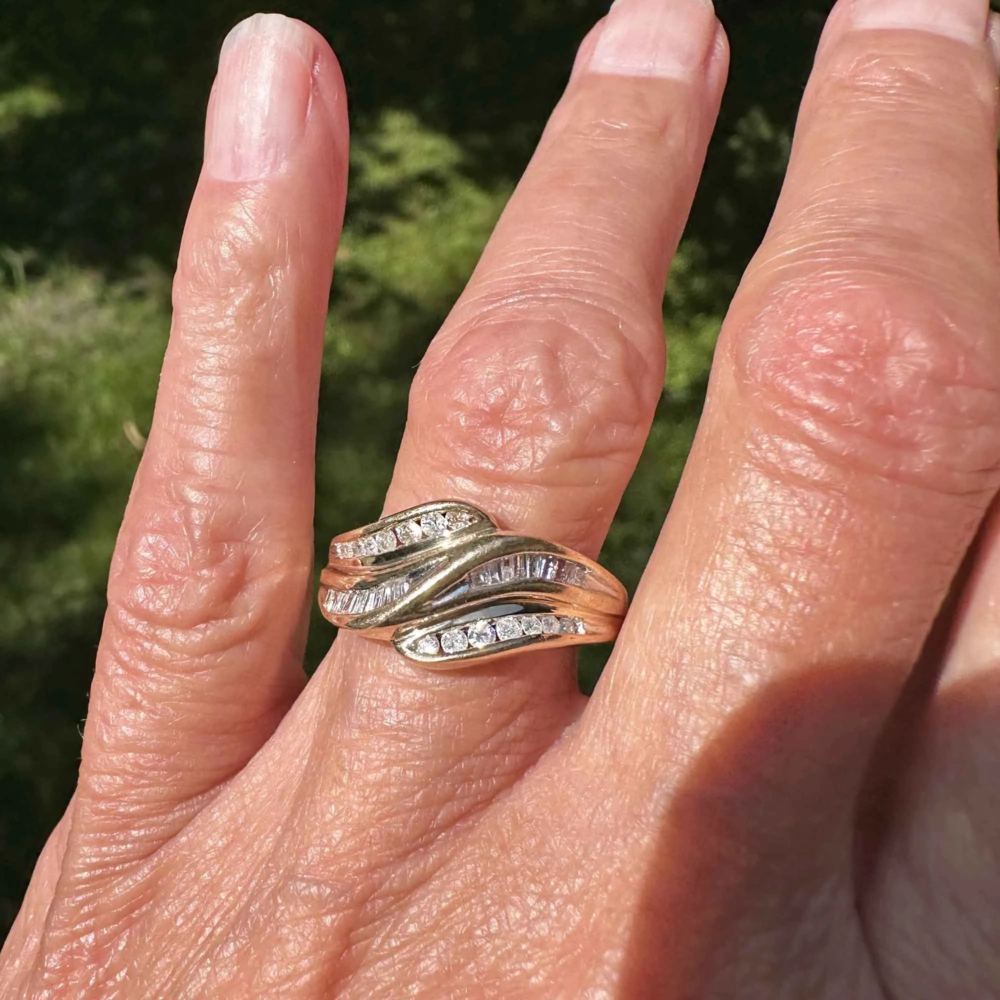 MidCentury Wide Band Brilliant & Baguette Diamond Ring