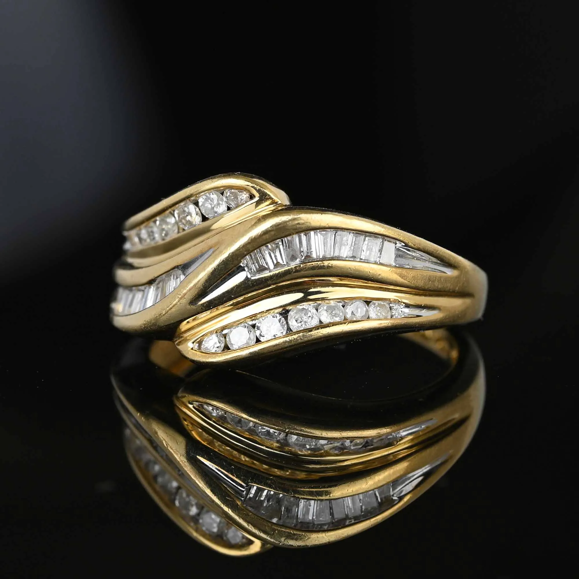 MidCentury Wide Band Brilliant & Baguette Diamond Ring