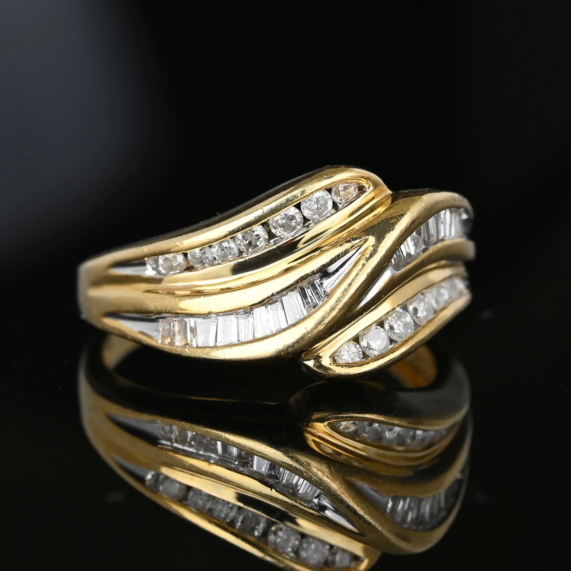 MidCentury Wide Band Brilliant & Baguette Diamond Ring