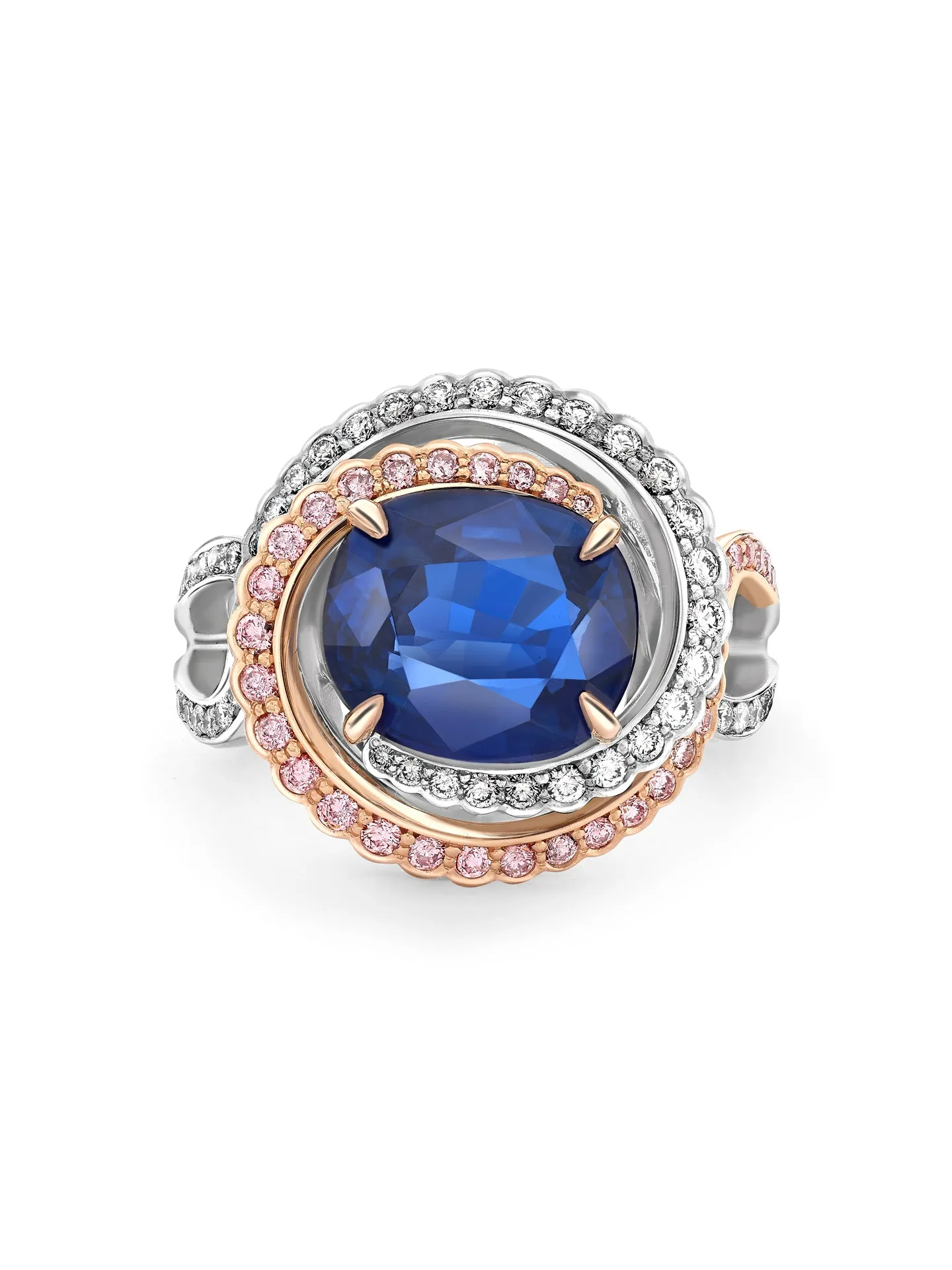 Monaco Cushion Sapphire and Pink Diamond Ring