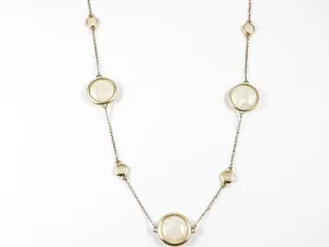 Nice Large Mother Of Pearl Round Disc Gold Tone Long Brass Necklace